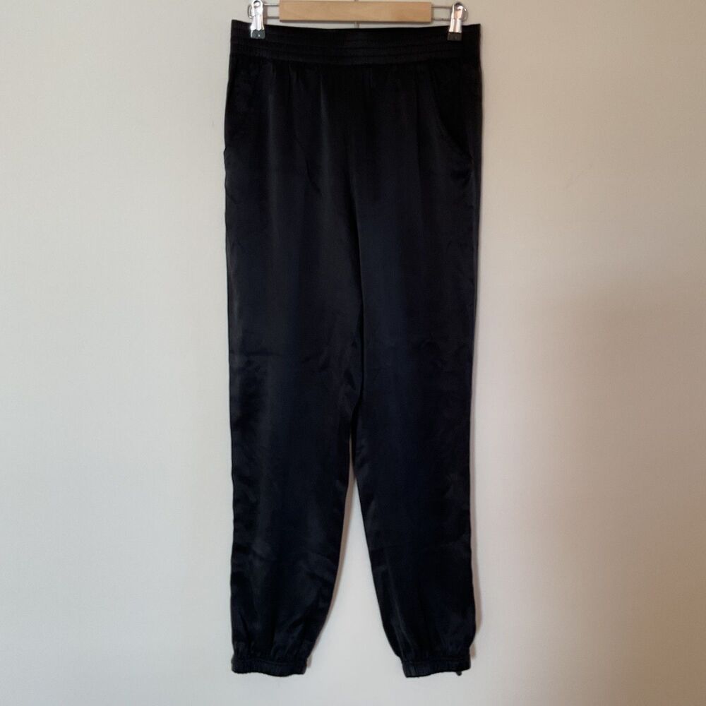 T Alexander Wang 100% Silk Satin Pull On Joggers Pants Sz M Black Ankle Zippers